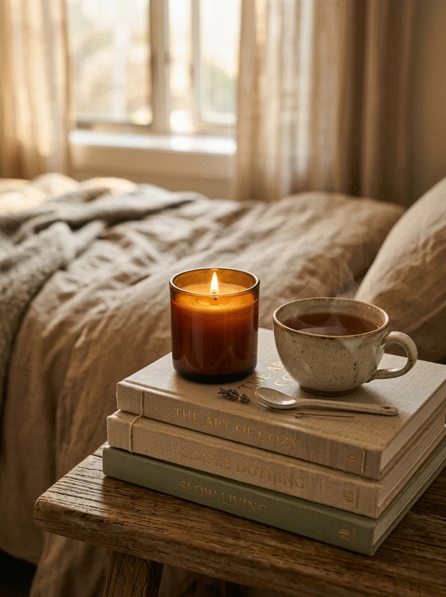 Cozy bedroom candle and books vignette