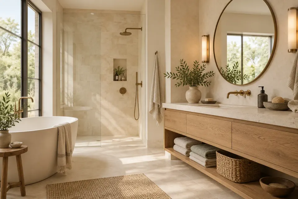 Warm cream bathroom with oak vanity, round mirror, folded towels, plants, and brass fixtures