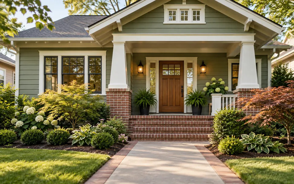 Sage craftsman home with a neat front entry, brick steps and foundation planting