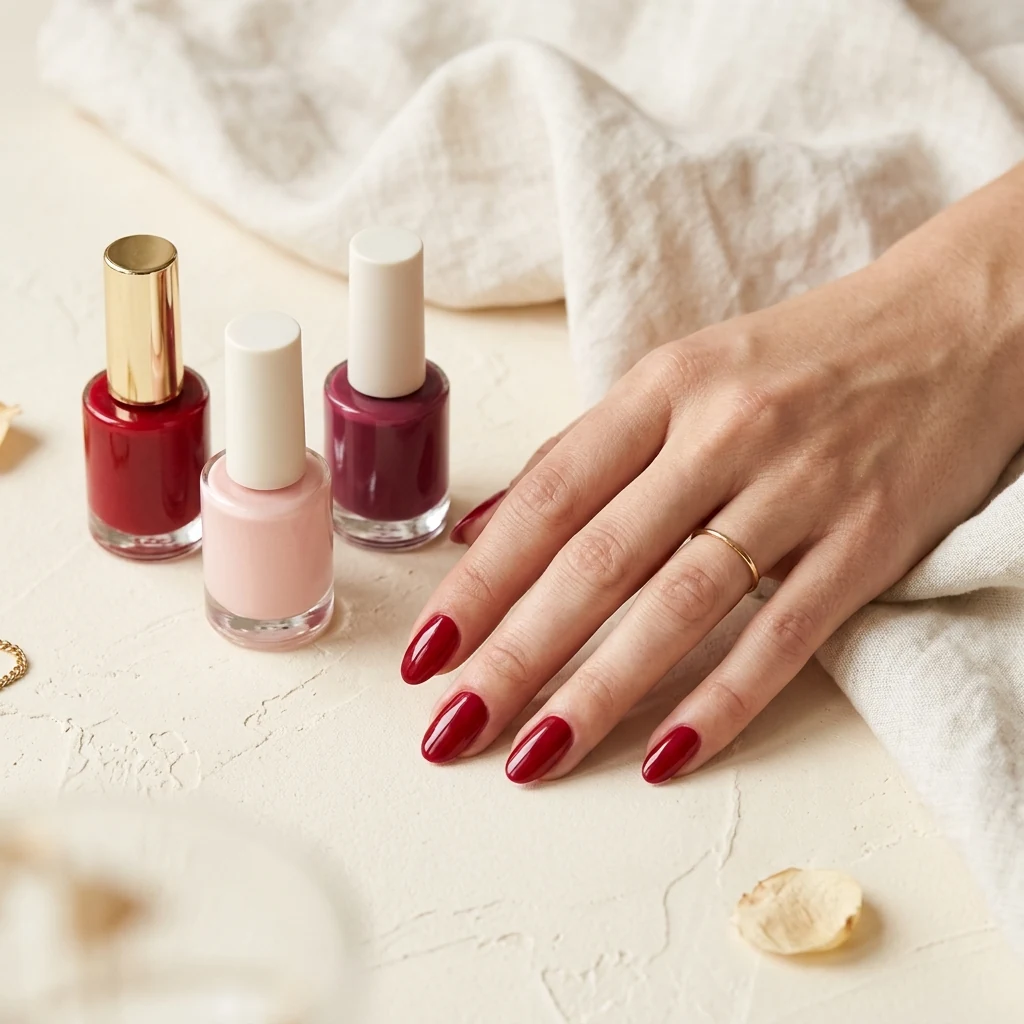 Hands with a polished cherry-red manicure arranged on a warm neutral surface