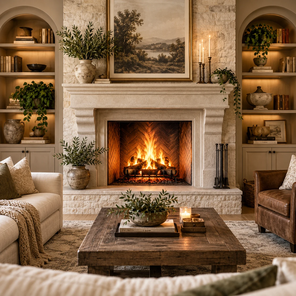 Elegant stone fireplace with a glowing fire, built-in shelves, candles, plants, and a warm living room setting