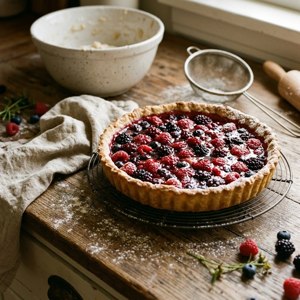 A berry tart cooling on a kitchen counter in warm natural light