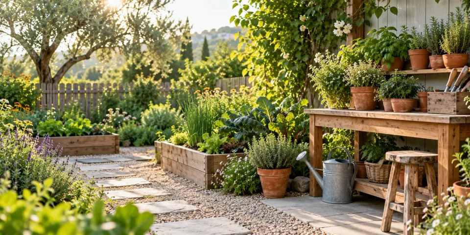A sunlit garden with raised beds, herbs and terracotta pots