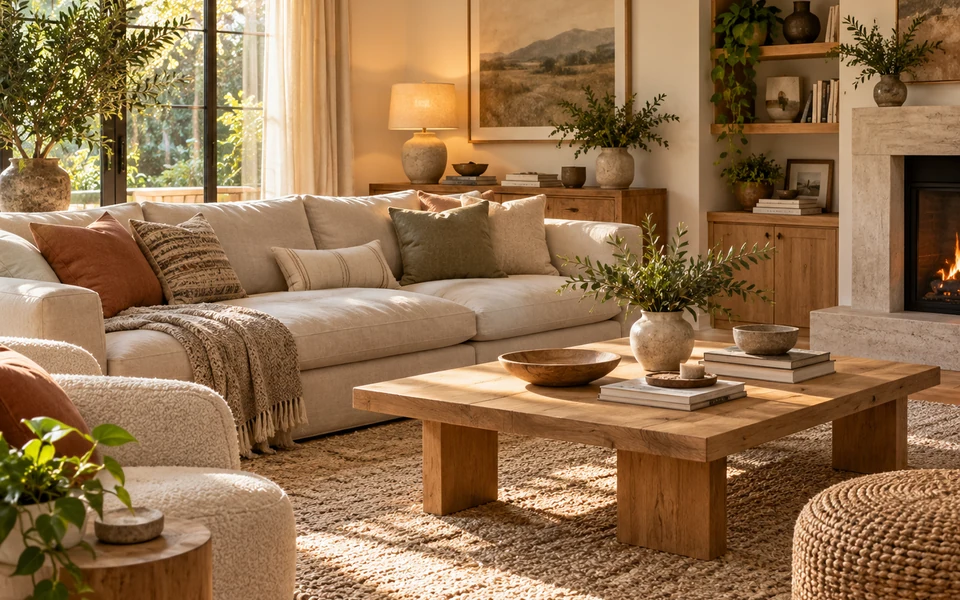 Warm living room with a linen sofa, oak coffee table, textured rug, plants, and a glowing fireplace