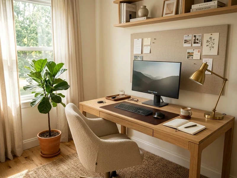 Warm home office with wood desk, laptop, task lamp, comfortable chair, shelving, and a plant