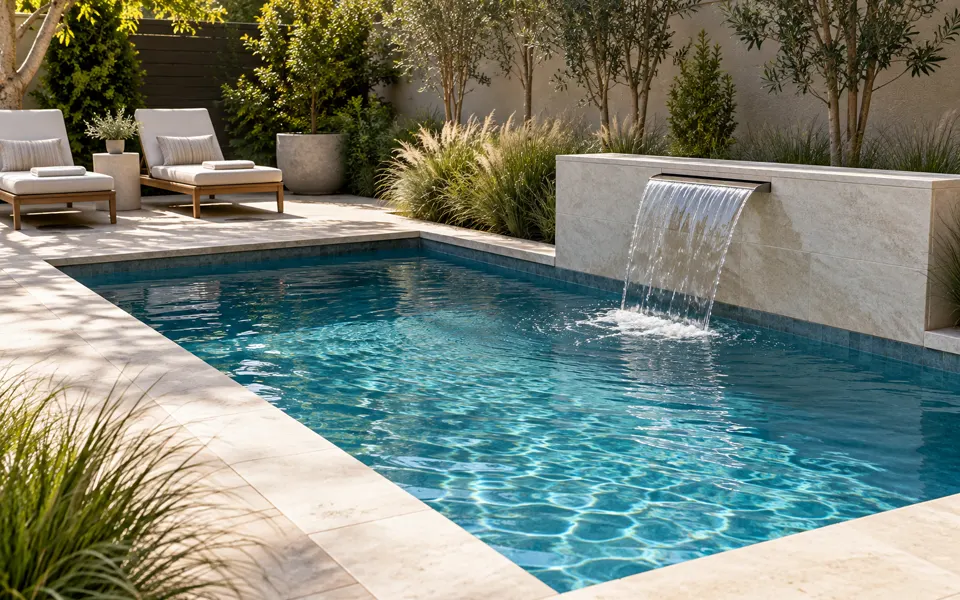 Small backyard plunge pool with a fountain, stone surround and ornamental grasses