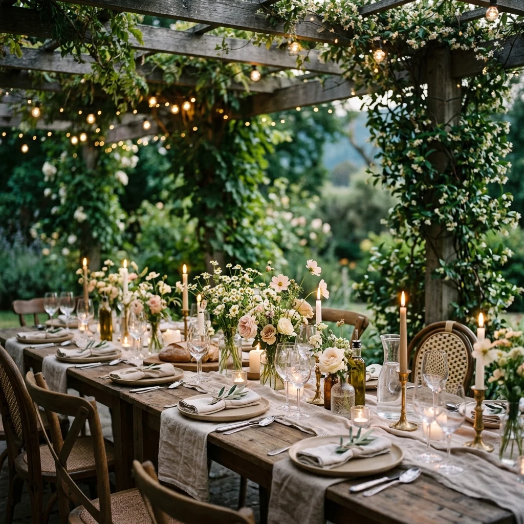 An outdoor celebration table arranged with elegant place settings and warm seasonal details